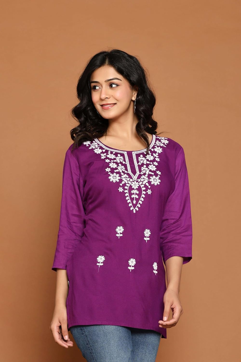 Women's Cotton Kurti with White Floral Embroidery