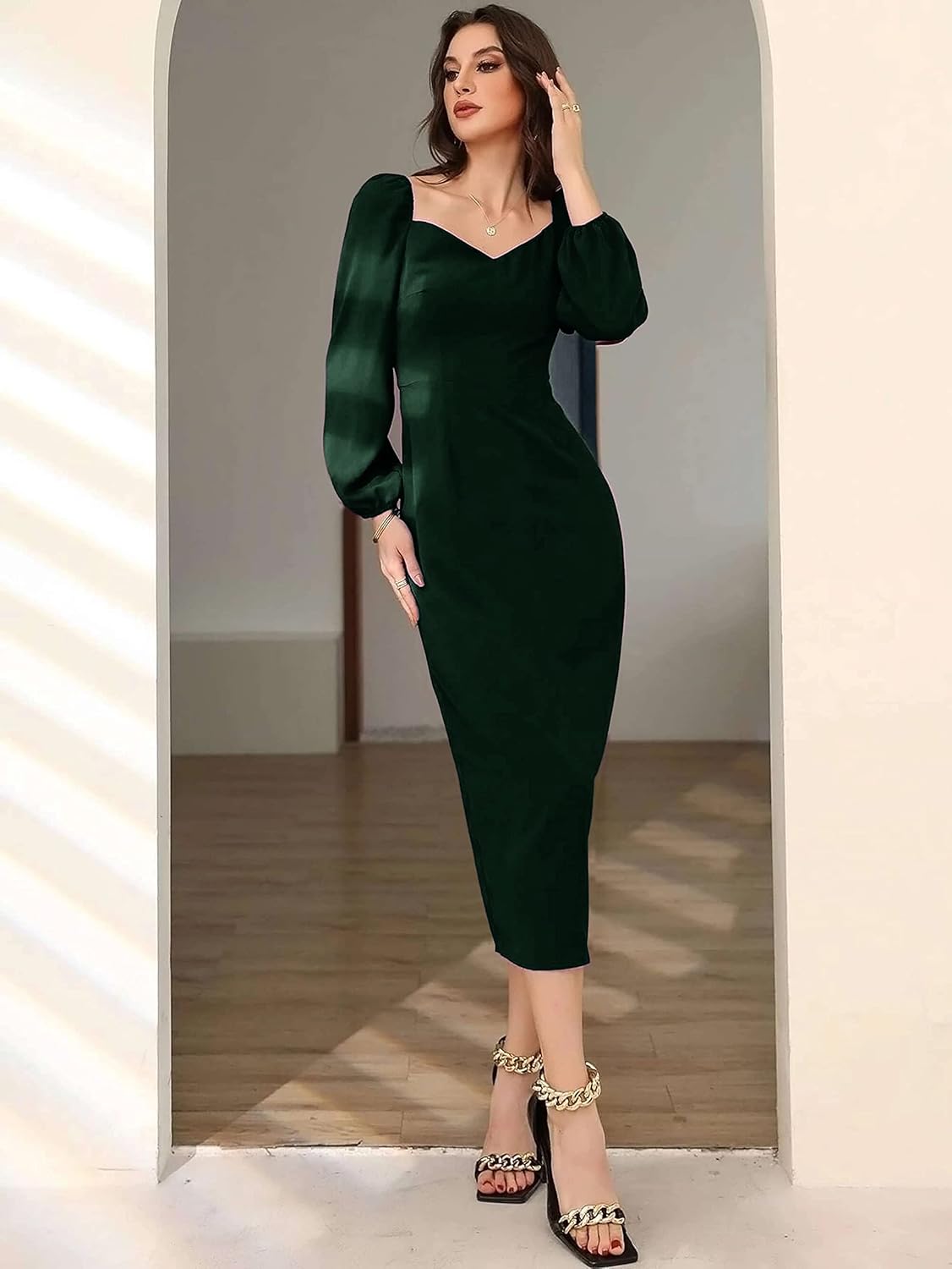 rosery paris Midi Bodycon Bishop Puff Sleeve One Piece Dress Causal Formal