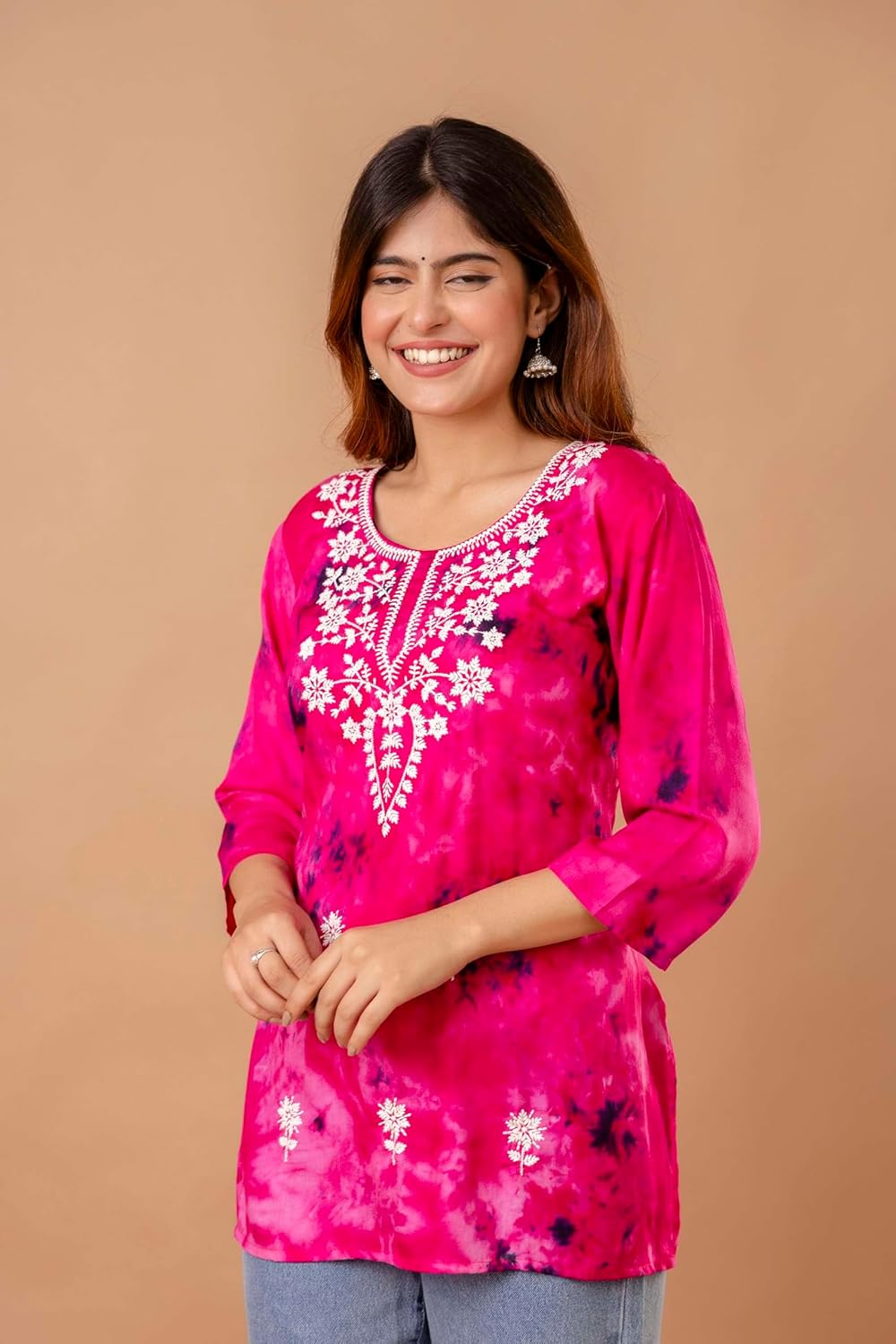 Women's Cotton Kurti with White Floral Embroidery