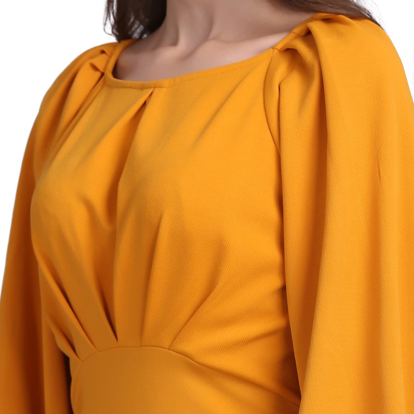 Shasmi Women's Comfortable Mustard Round Neck Full Sleeve Solid Midi Bodycon Casual Western Stylish Dress