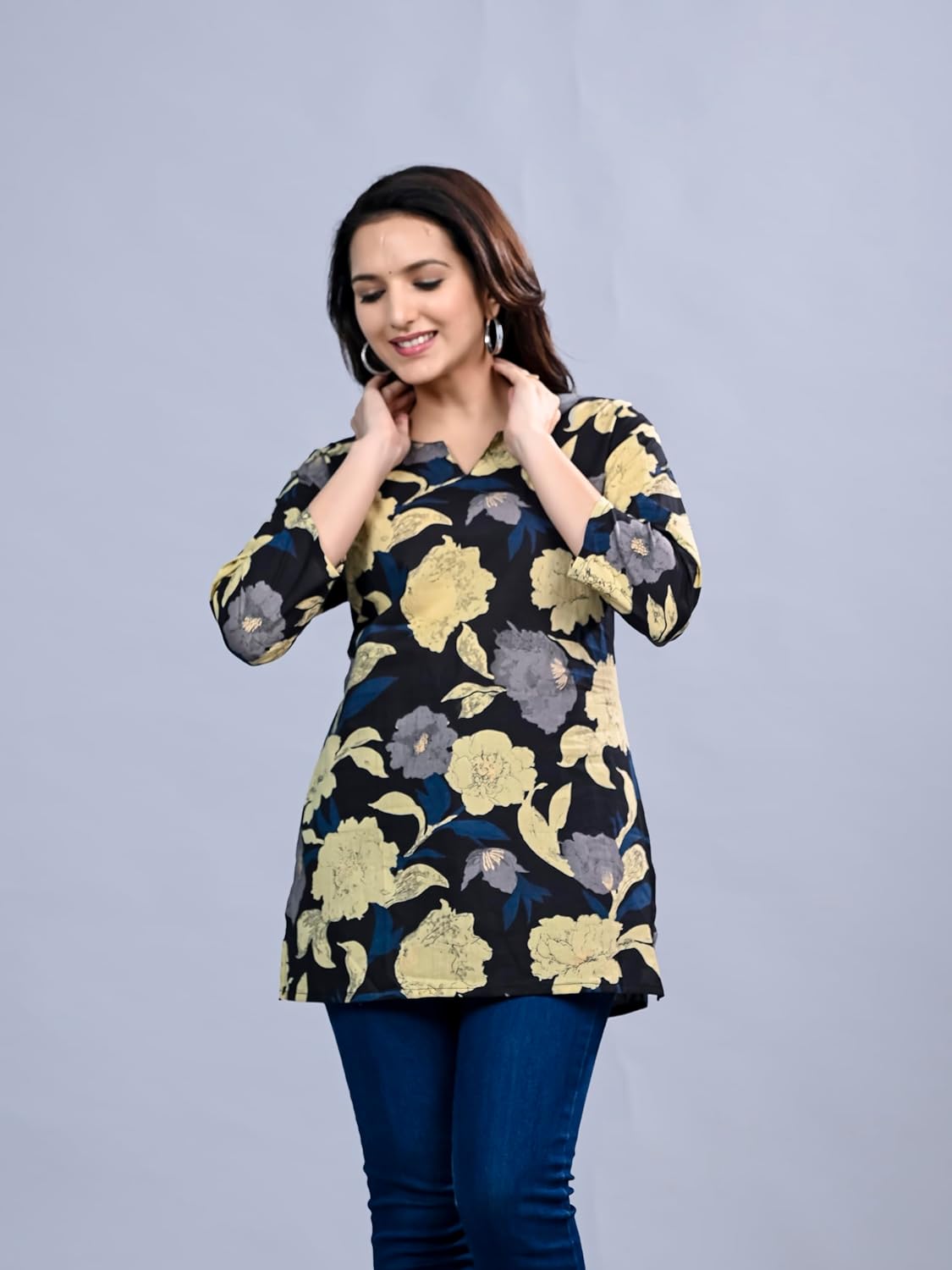 HION HILS Women's Stylish 3/4 Sleeve Floral Printed