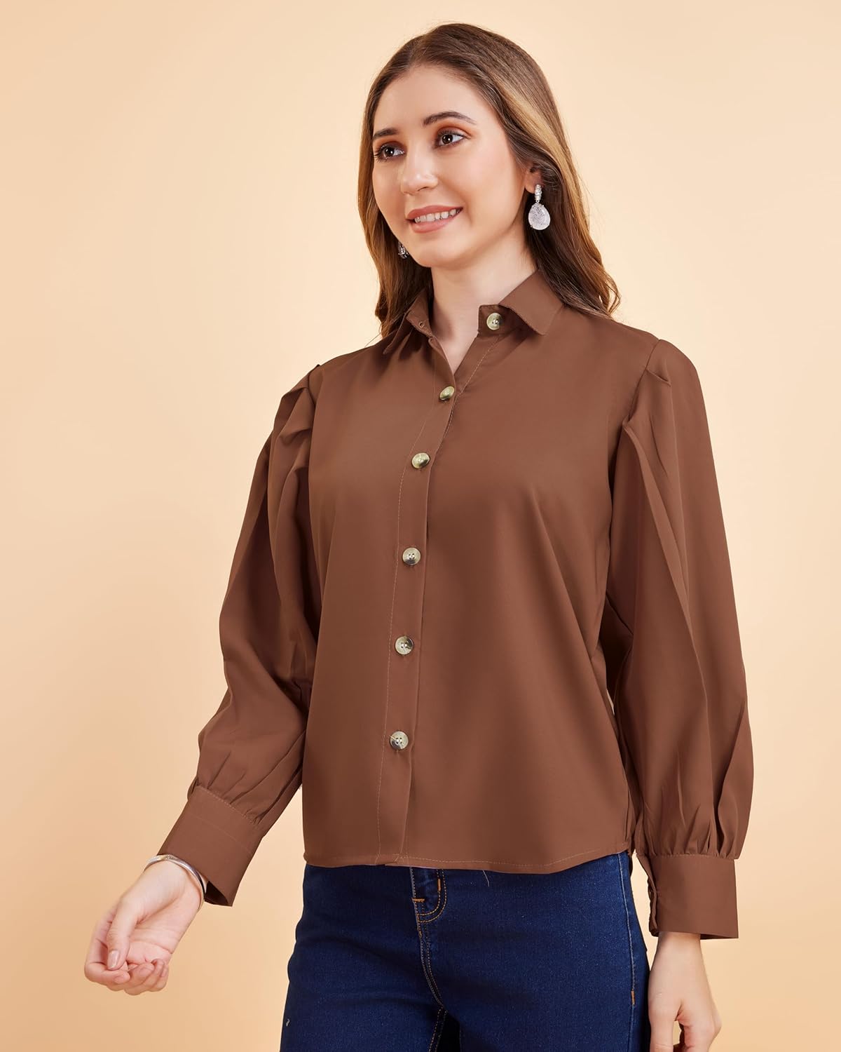 harshiv Enterprise Women's Crepe Casual Balloon Sleeve Shirt | Stylish Lightweight Top for Office, Travel Comfortable, Breathable, Easy to Care Fabric