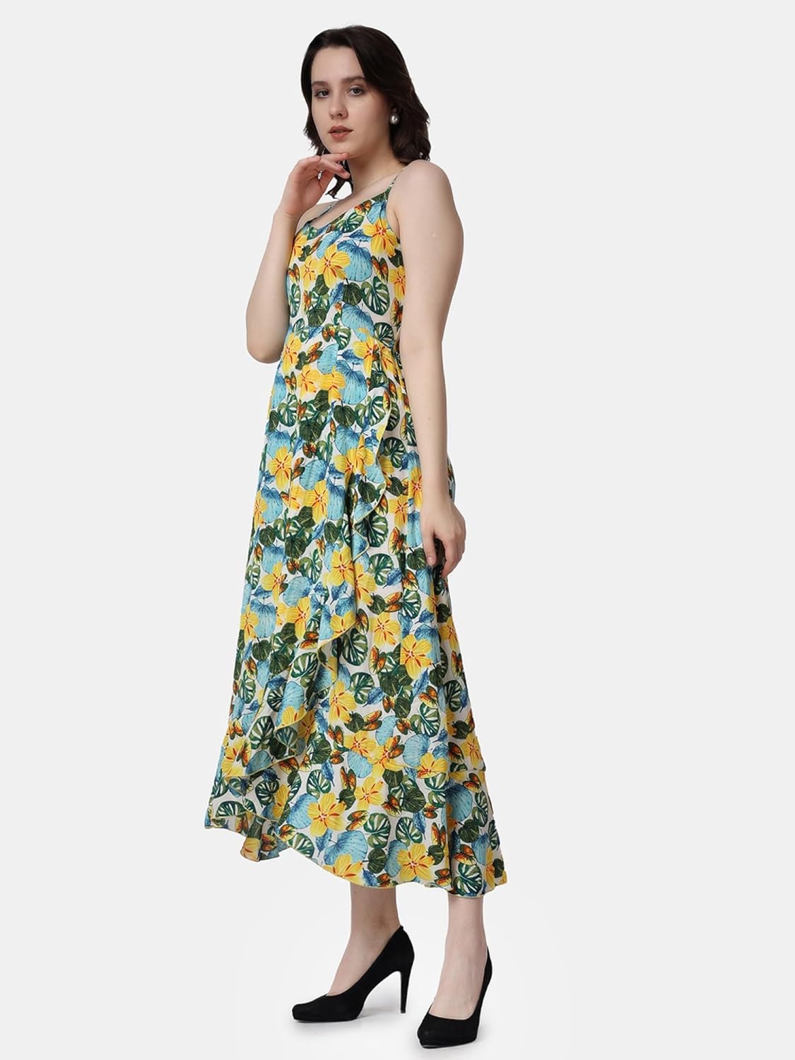 POPWINGS Casual Floral Printed Maxi Length Fit & Flare Dress for Women || Summer Dress for Women || Flare Maxi Dress for Women Stylish || Sleeveless Dress for Women