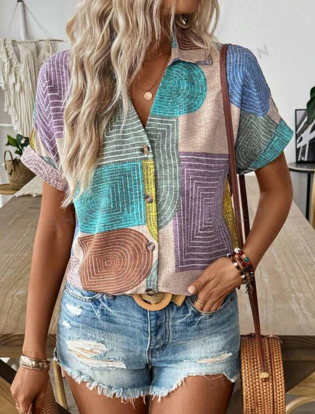 Gufrina Women's Colorful Abstract Geometric Print Shirt