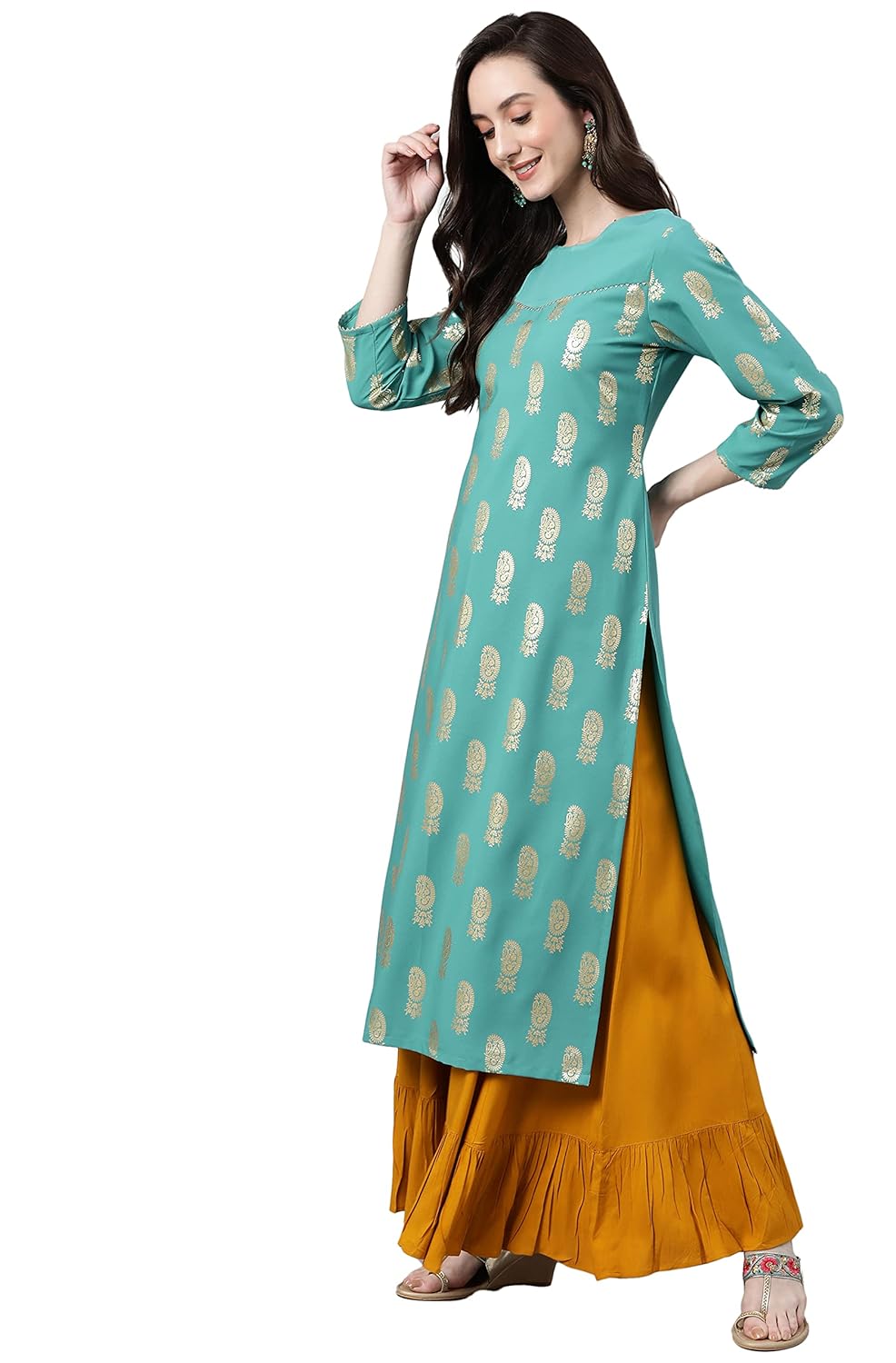 Women's Orange Rayon Gold Floral Print Straight Kurta
