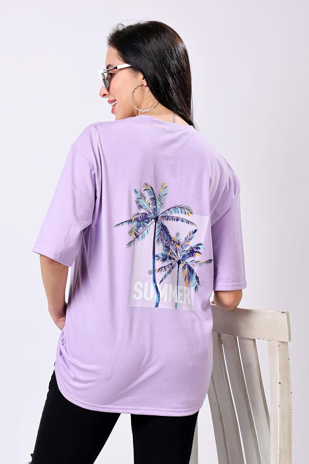 TQH Women's Casual Printed Round Neck, Oversized Longline Drop Shoulder Boho Style T-Shirt