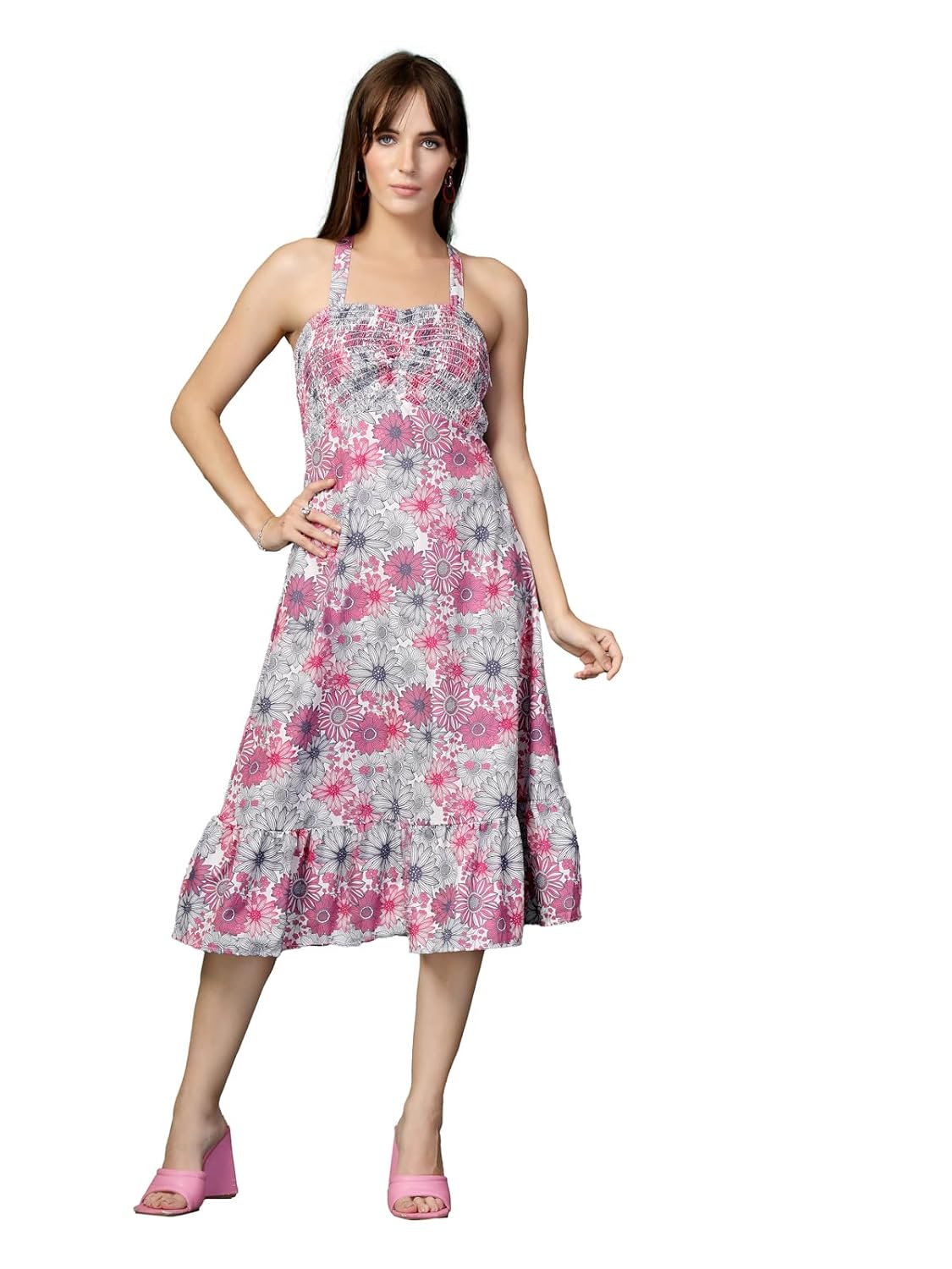 OOMPH! Women A-Line Printed Crepe Midi Dress, Smocked Bodice