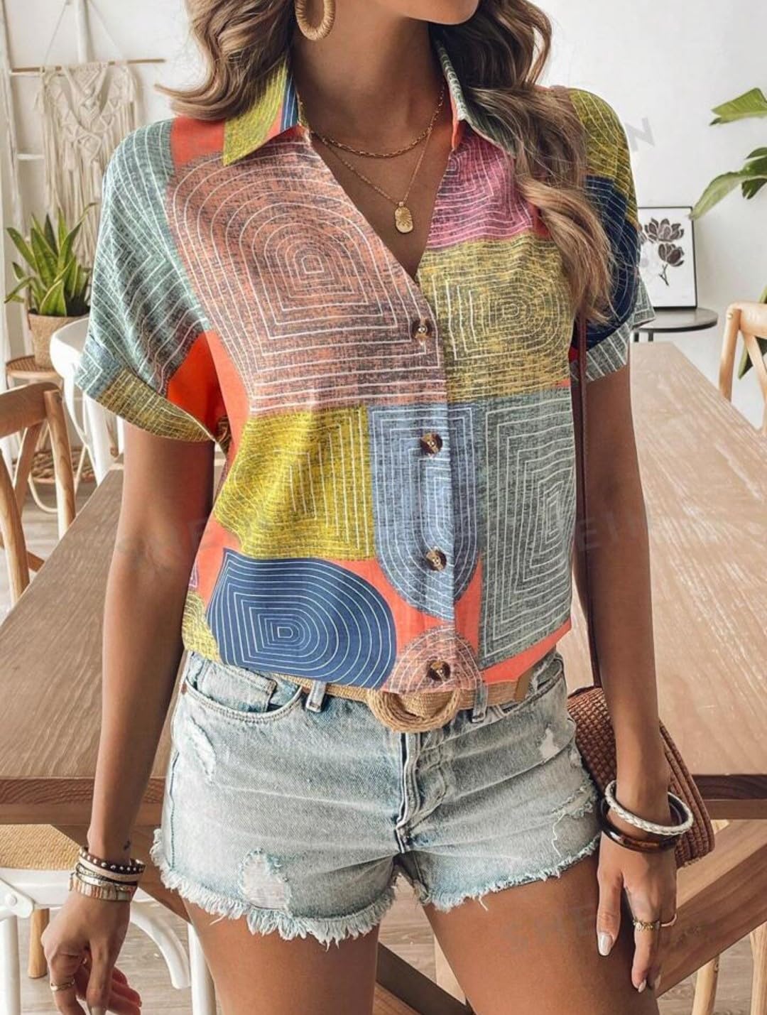 Gufrina Women's Colorful Abstract Geometric Print Shirt
