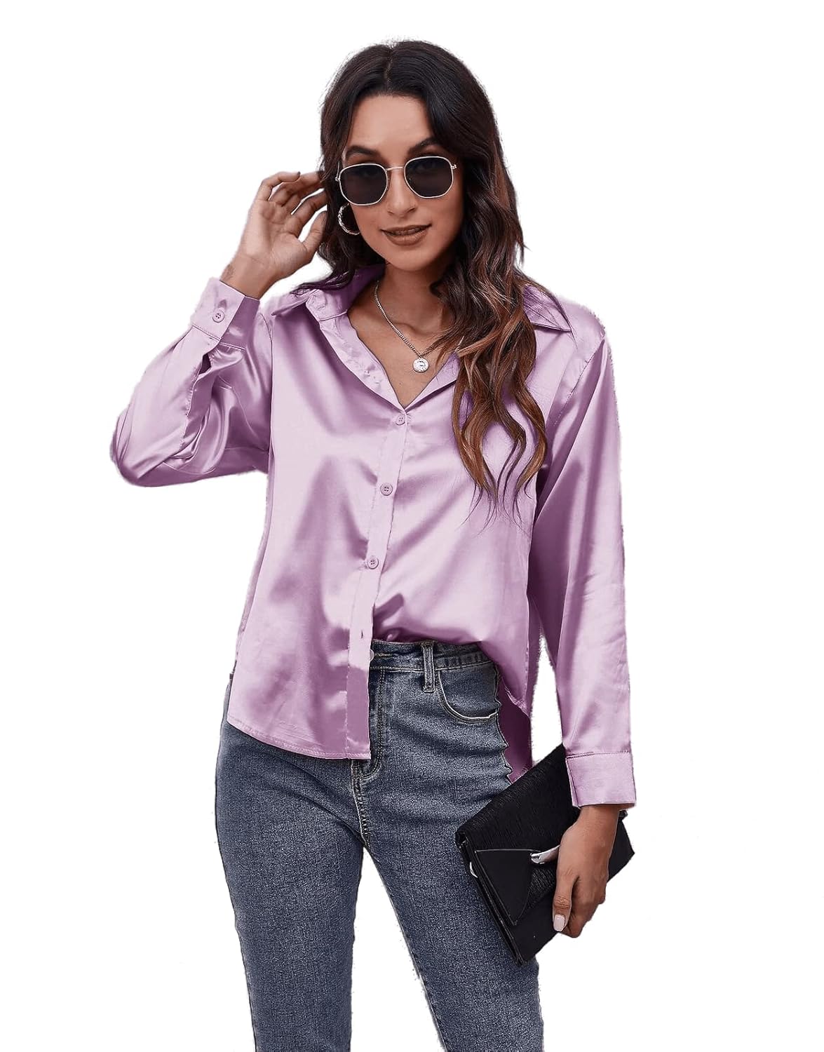 Bowrain Satin Silk Fabric Spread Collar Full Sleeve Top