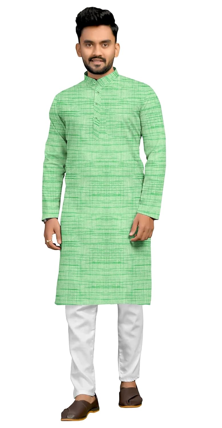 Mens Cotton Blend Full Sleeves Solid Casual Long Kurta