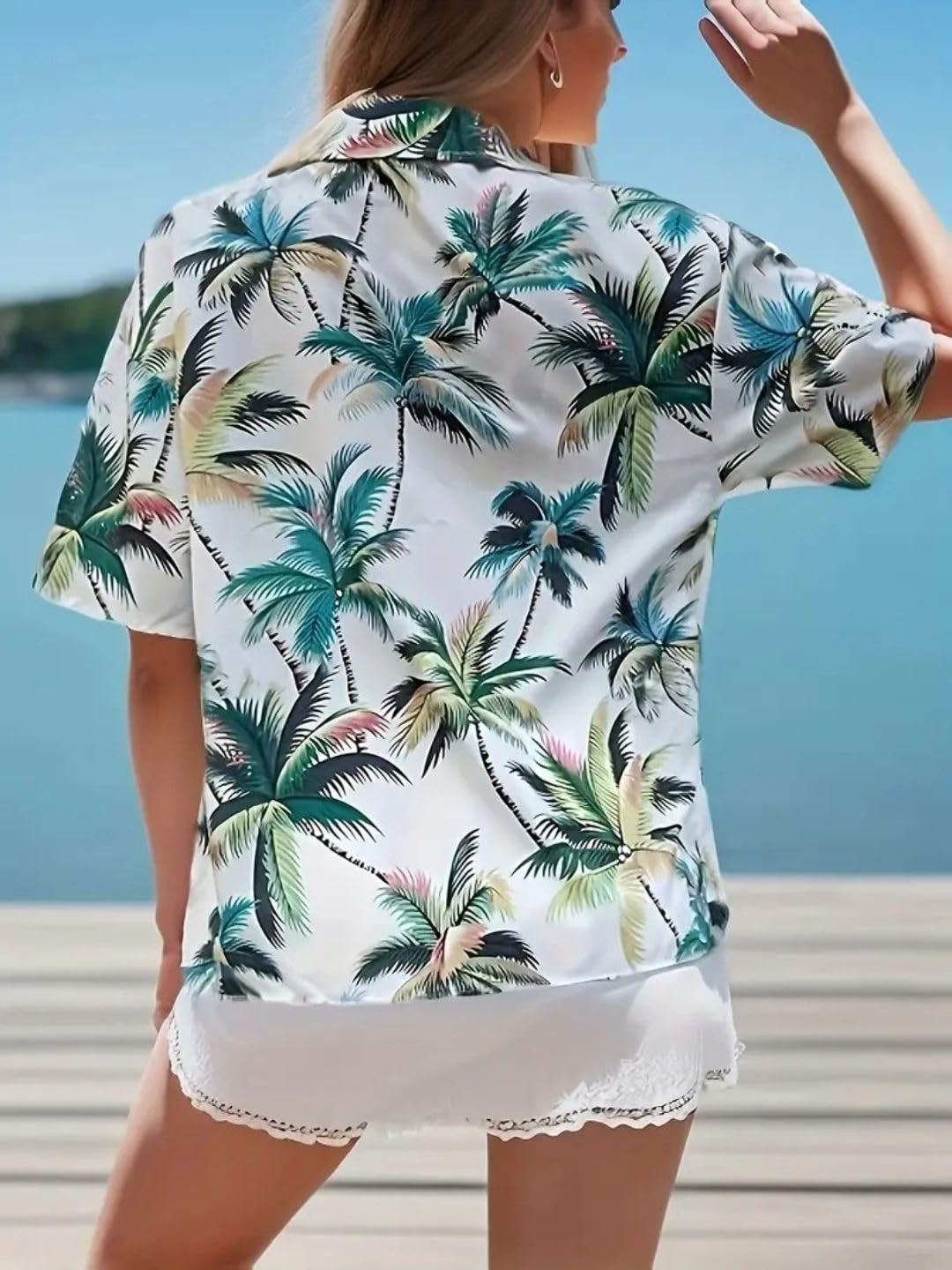 Trendy Queen Women's Short Sleeve Button-Down Shirt | Printed Casual Crop Top | Stylish Collared Shirt for Women | Oversized Shirt for Women
