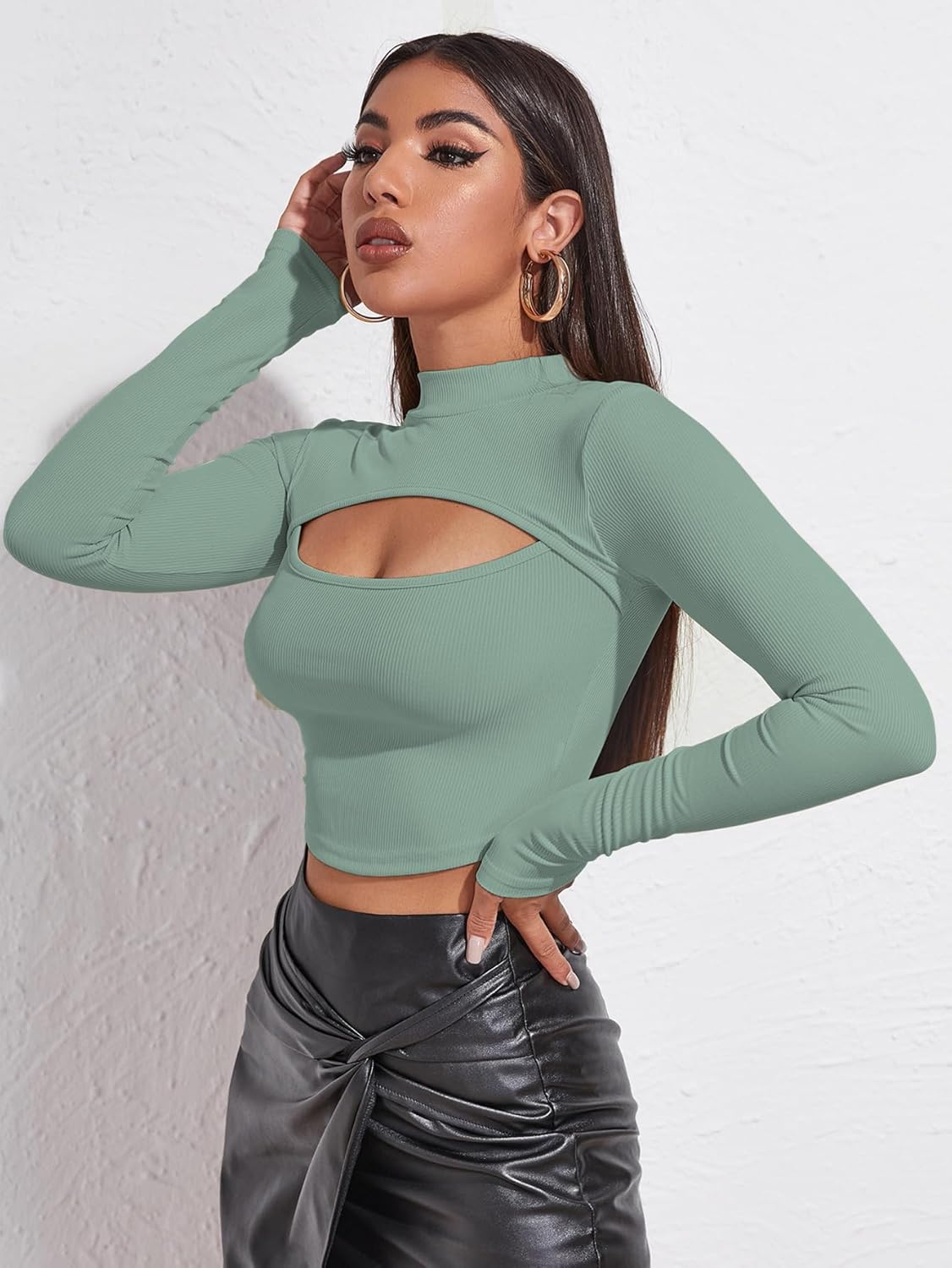 Sugathari Women's & Girl's Solid Knitted Full Sleeve High Neck Ruched Bust Crop Tee Tops (Top 109)