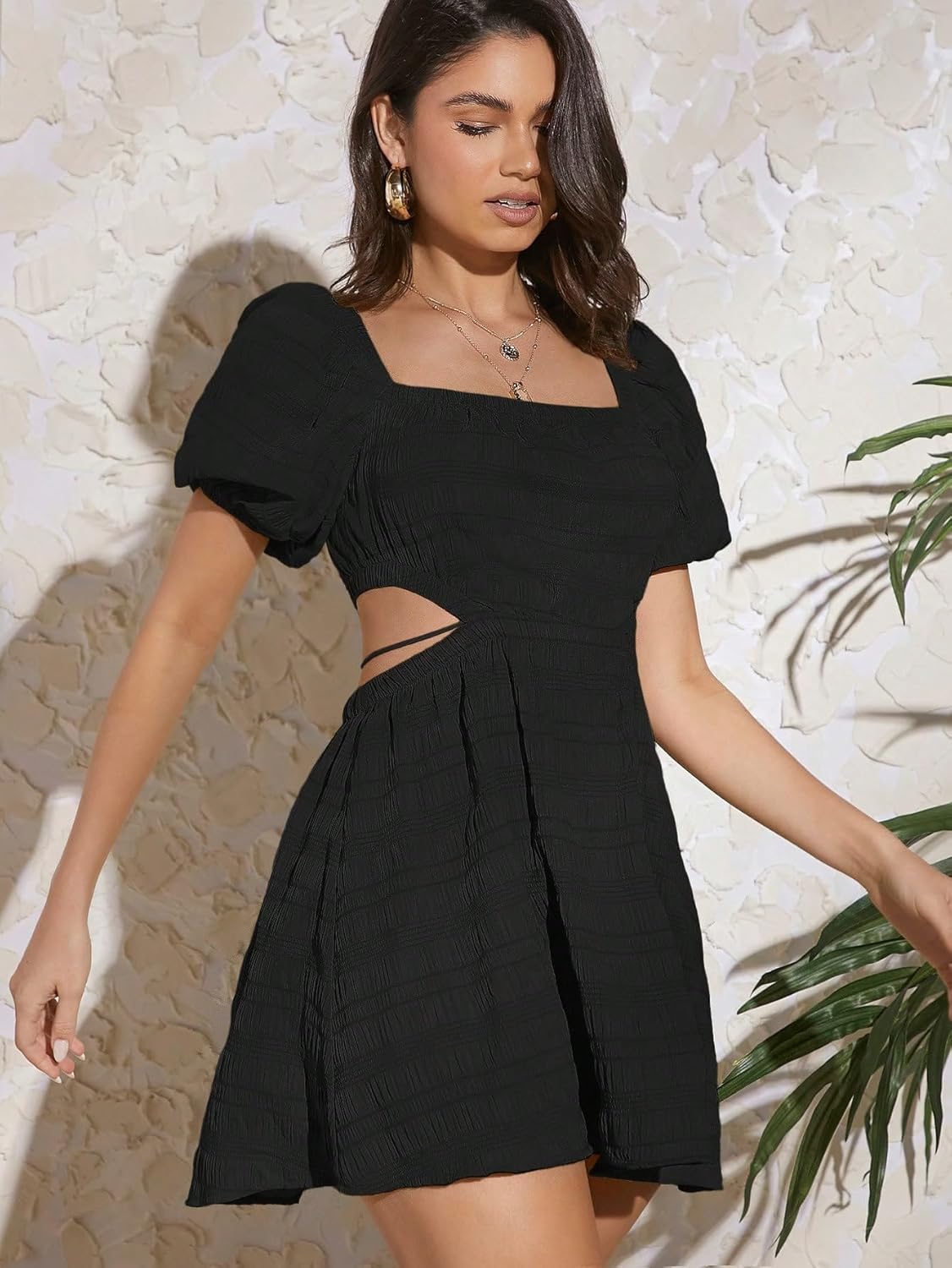 Aahwan Solid Summer Beach Square Neck Puff Sleeve Cut Out Waist Mini Dress For Women's & Girls
