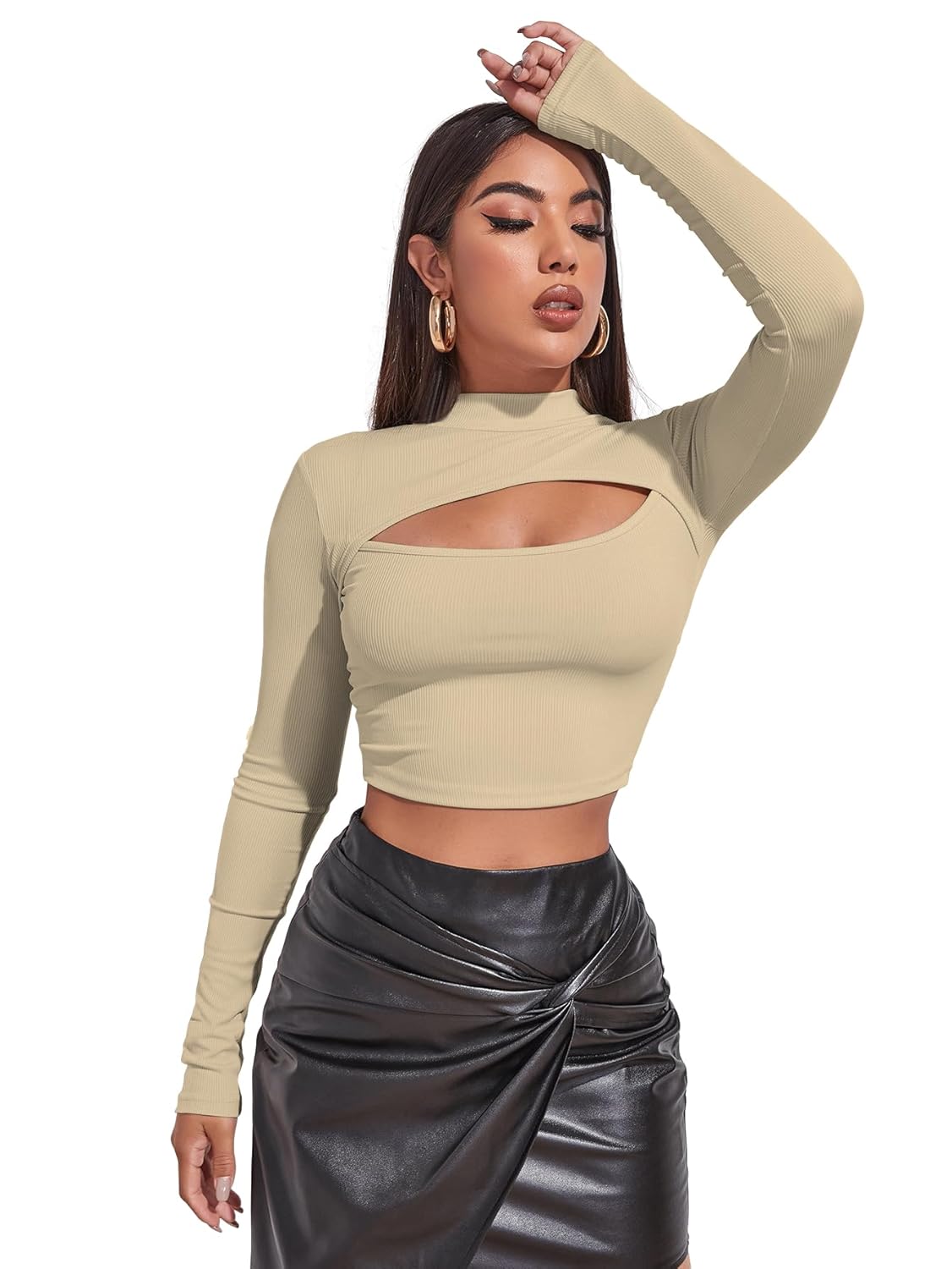 Sugathari Women's & Girl's Solid Knitted Full Sleeve High Neck Ruched Bust Crop Tee Tops (Top 109)