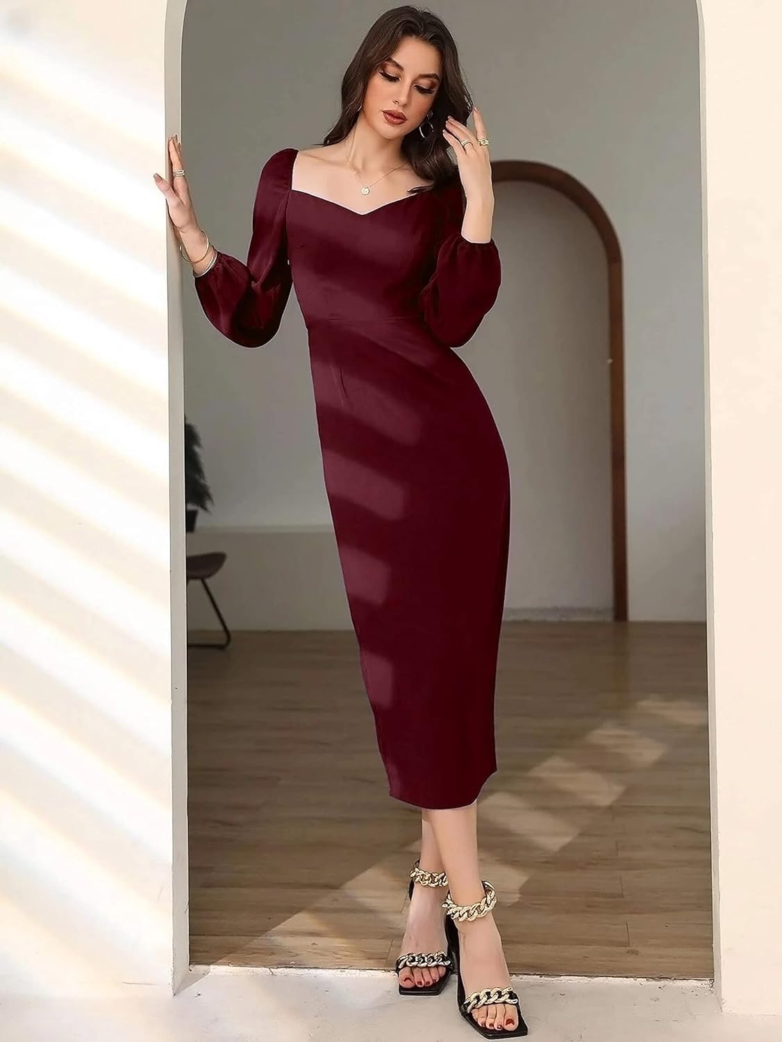 rosery paris Midi Bodycon Bishop Puff Sleeve One Piece Dress Causal Formal