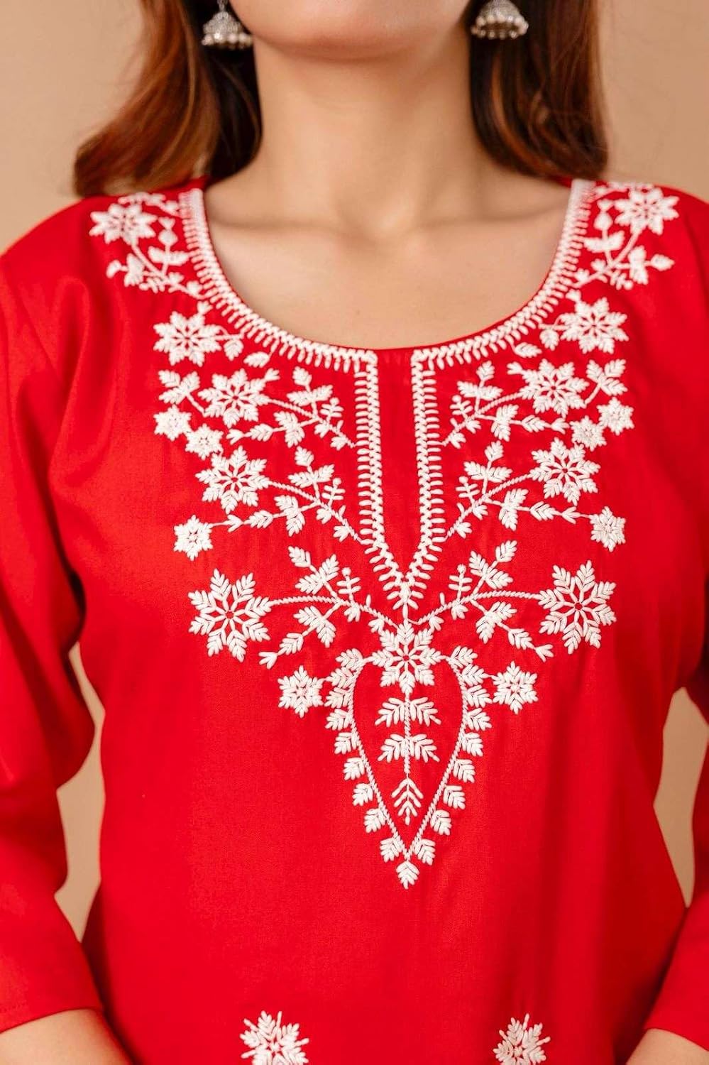 Women's Cotton Kurti with White Floral Embroidery