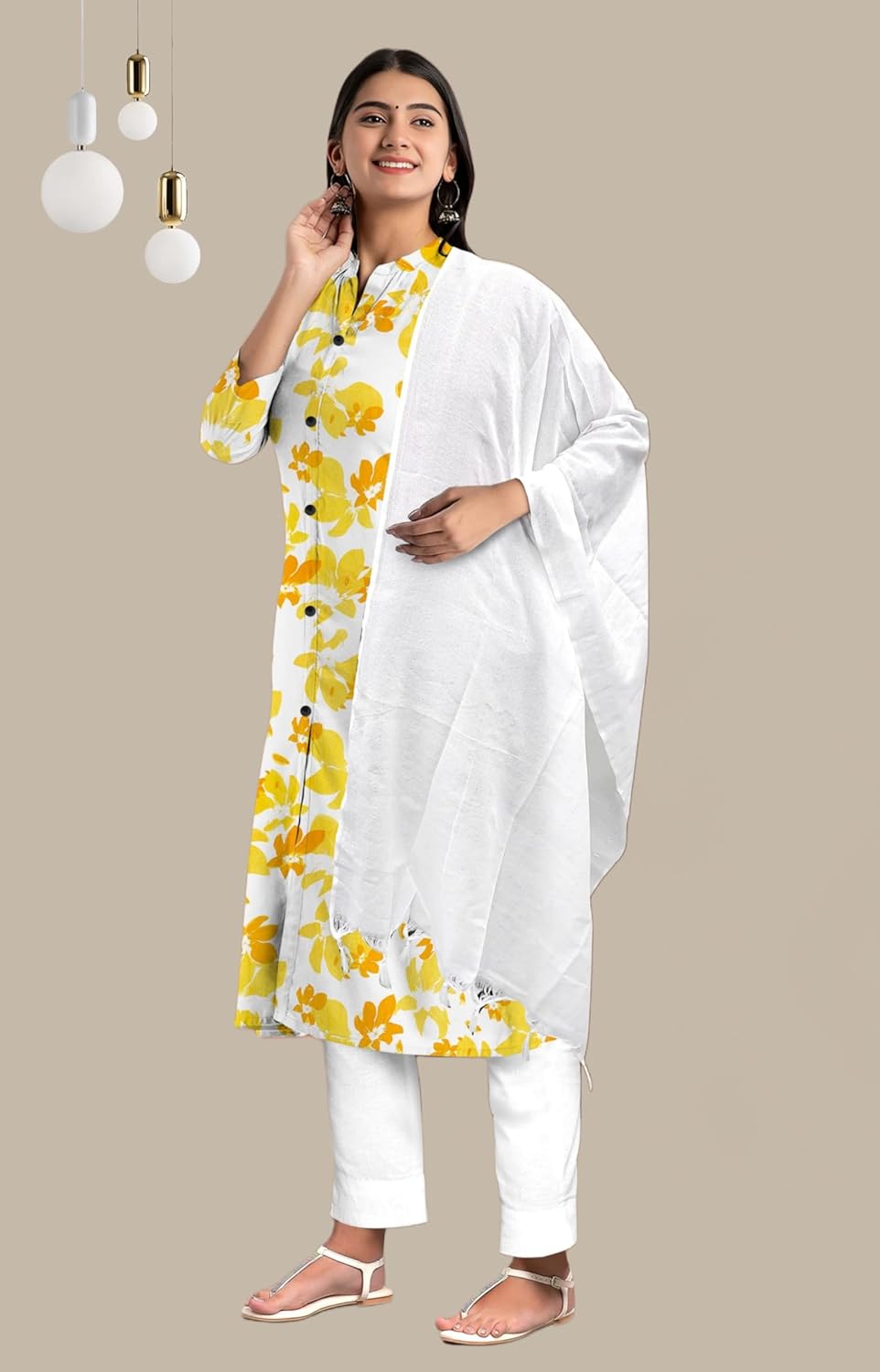 Women's Cotton Floral Print Kurti Pant Set with Dupatta