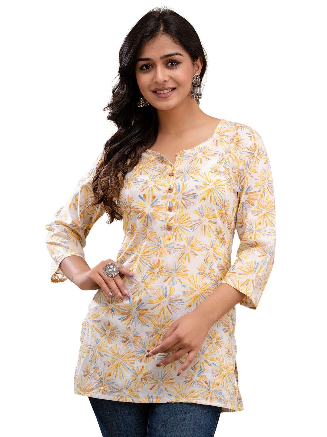 feranoid Women Cotton Printed Straight Short Kurti