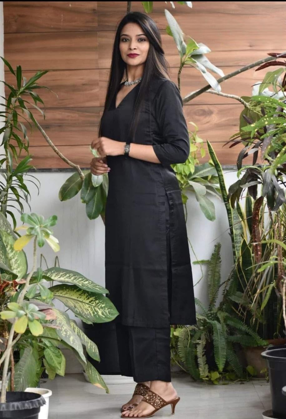Women's Rayon Solid Plain v Neck Kurta Trouser/Pant Set