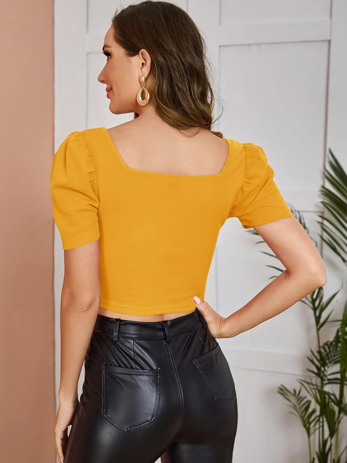 Istyle Can Solid/Plain Puff Sleeve/Short Sleeve Square Neck Slim Fit Streachable Lycra Blend Crop Top for Women | Crop top | Square Neck top | top for Women
