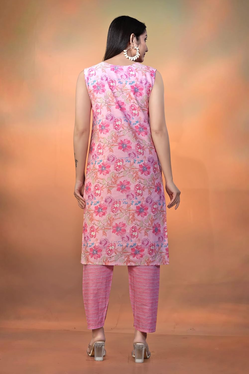 Varni Fabrics Floral Print Cotton Kurti, Sleeveless V-Neck