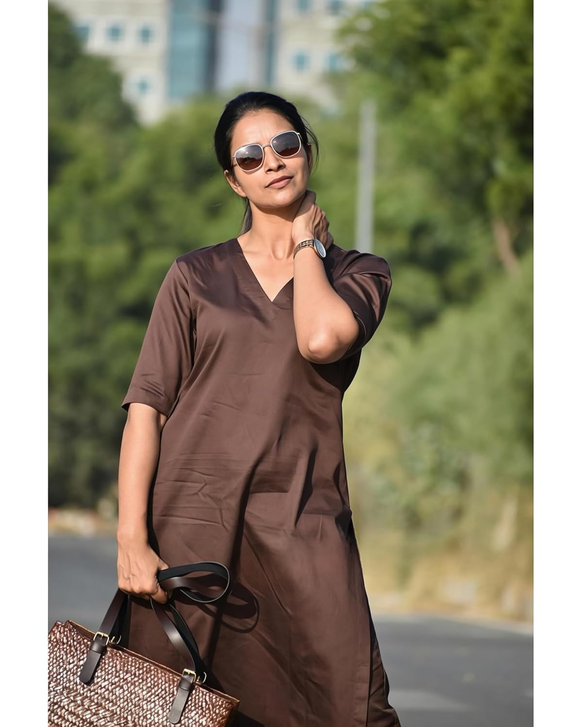 Women's Rayon Solid Plain v Neck Kurta Trouser/Pant Set