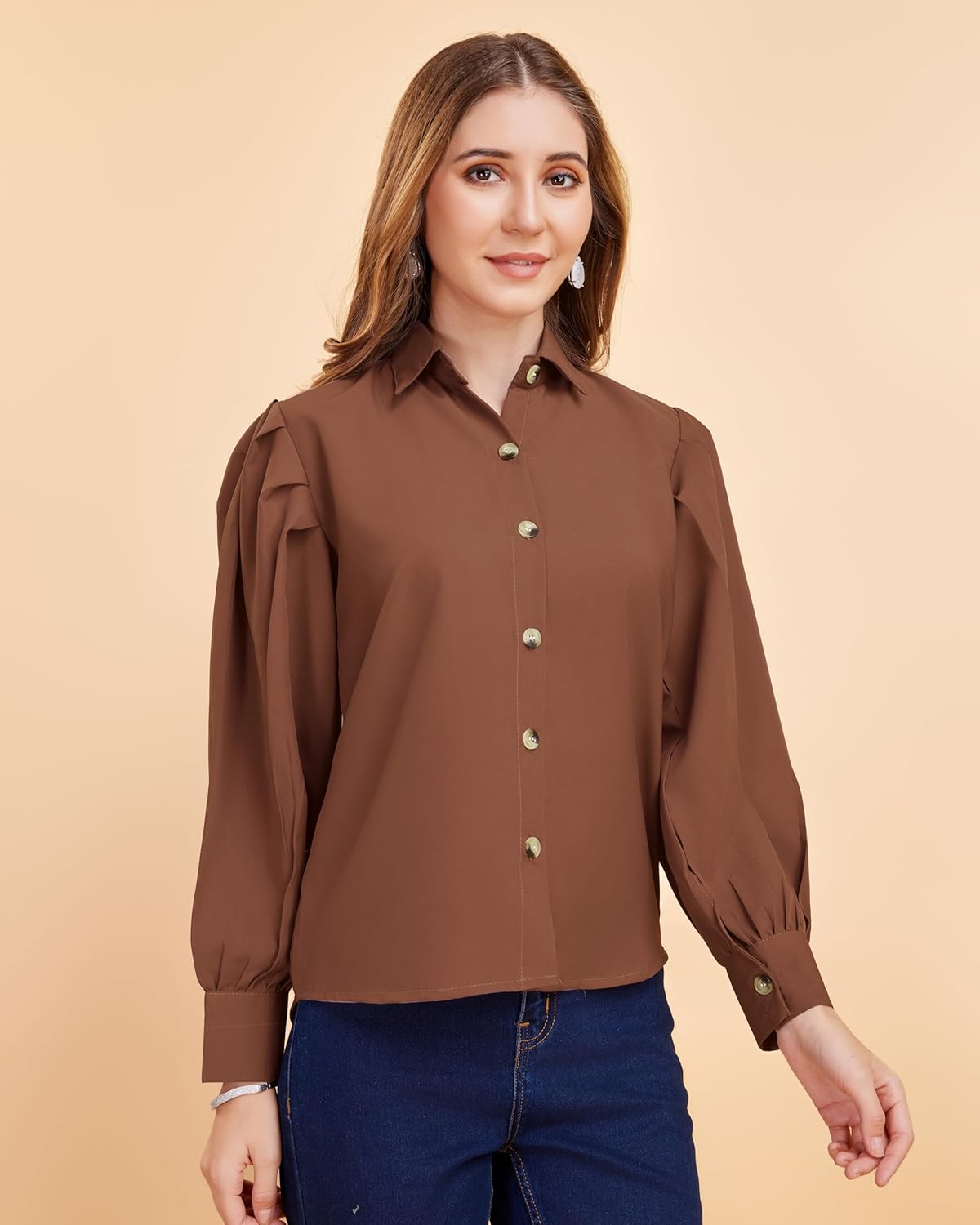 harshiv Enterprise Women's Crepe Casual Balloon Sleeve Shirt | Stylish Lightweight Top for Office, Travel Comfortable, Breathable, Easy to Care Fabric