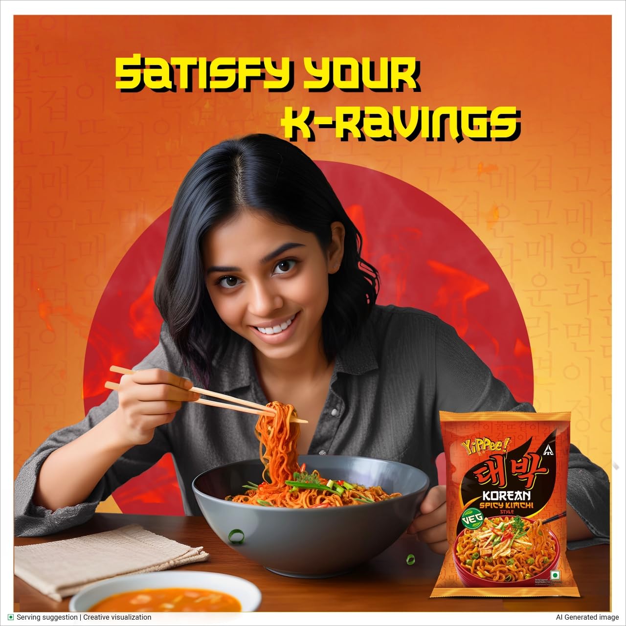 Sunfeast YiPPee! Korean Spicy Kimchi Style, Veg Korean Noodles, Long Non-Sticky Noodles with 5 Added Vegetables, 75g