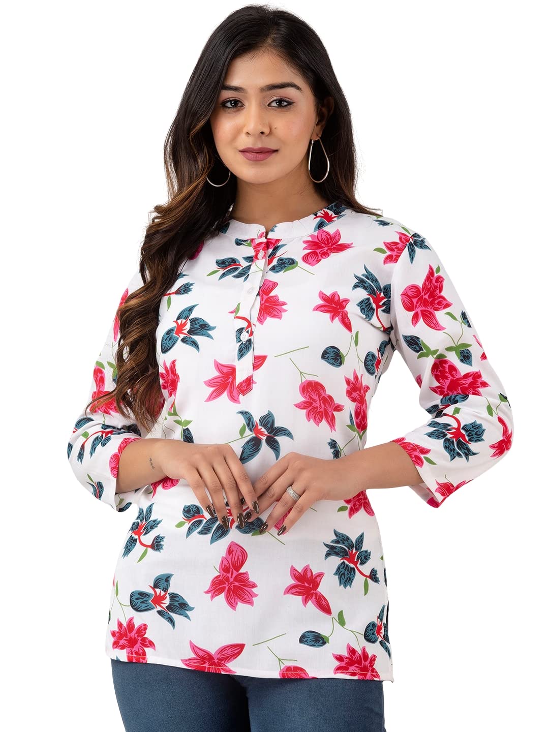 feranoid Women Cotton Printed Straight Short Kurti