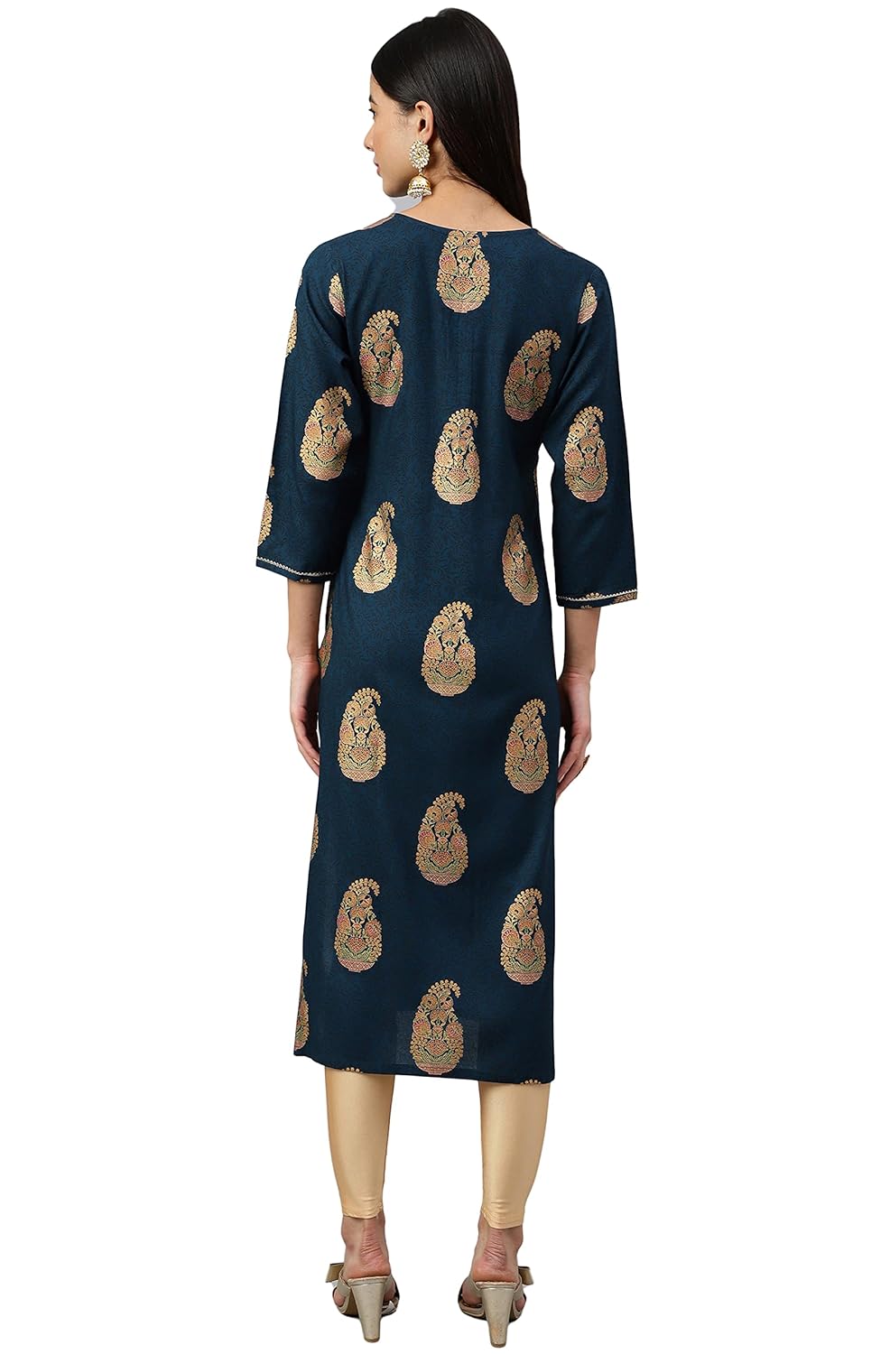 Women's Orange Rayon Gold Floral Print Straight Kurta