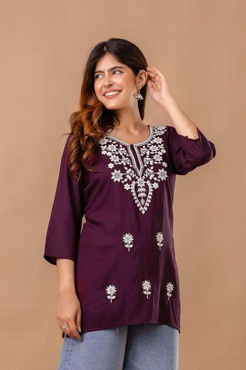 Women's Cotton Kurti with White Floral Embroidery