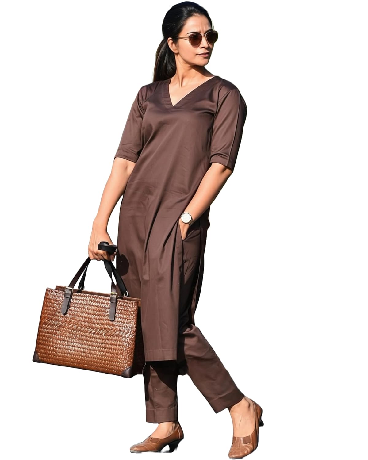 Women's Rayon Solid Plain v Neck Kurta Trouser/Pant Set
