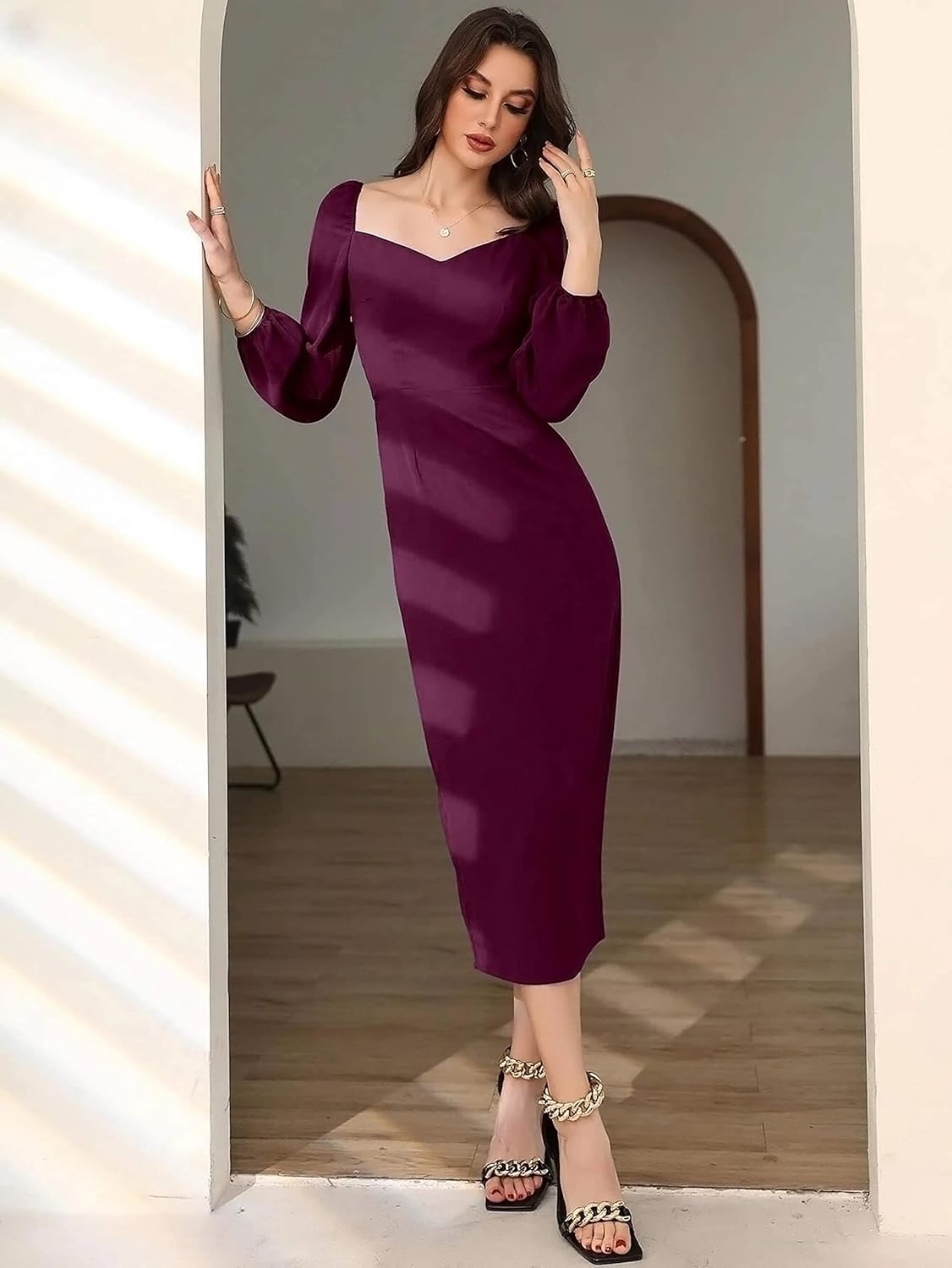 rosery paris Midi Bodycon Bishop Puff Sleeve One Piece Dress Causal Formal