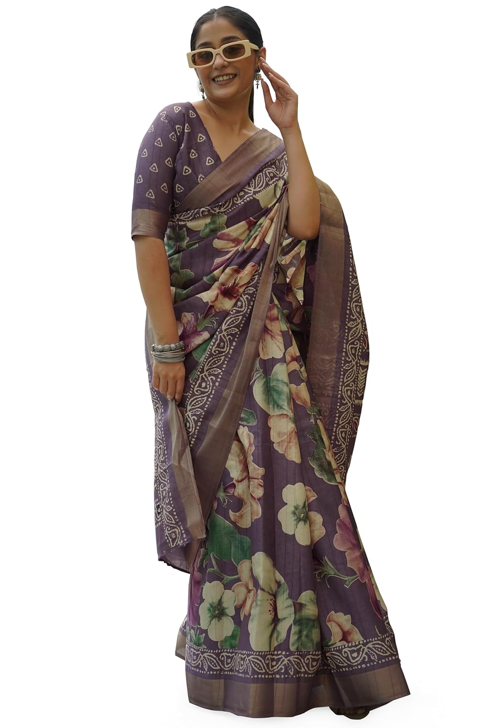 Women's Silk Blend Floral Printed Saree with Blouse Piece