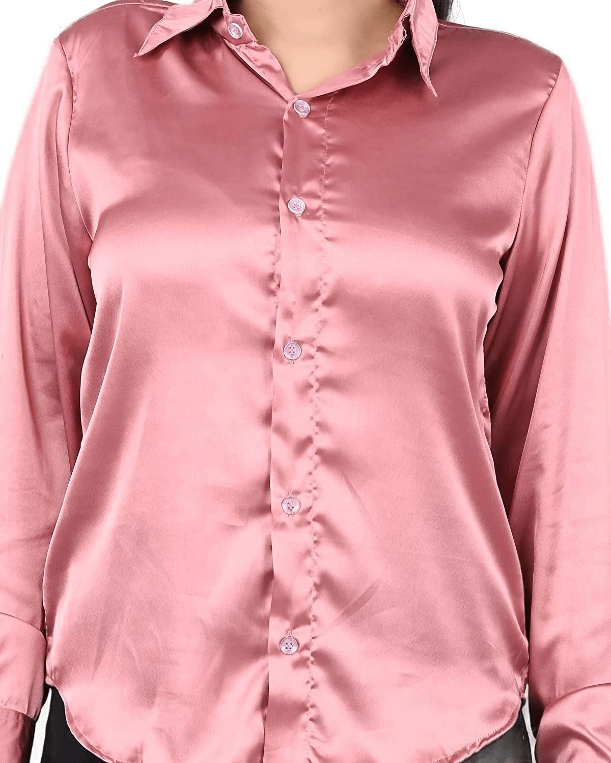 Bowrain Satin Silk Fabric Spread Collar Full Sleeve Top