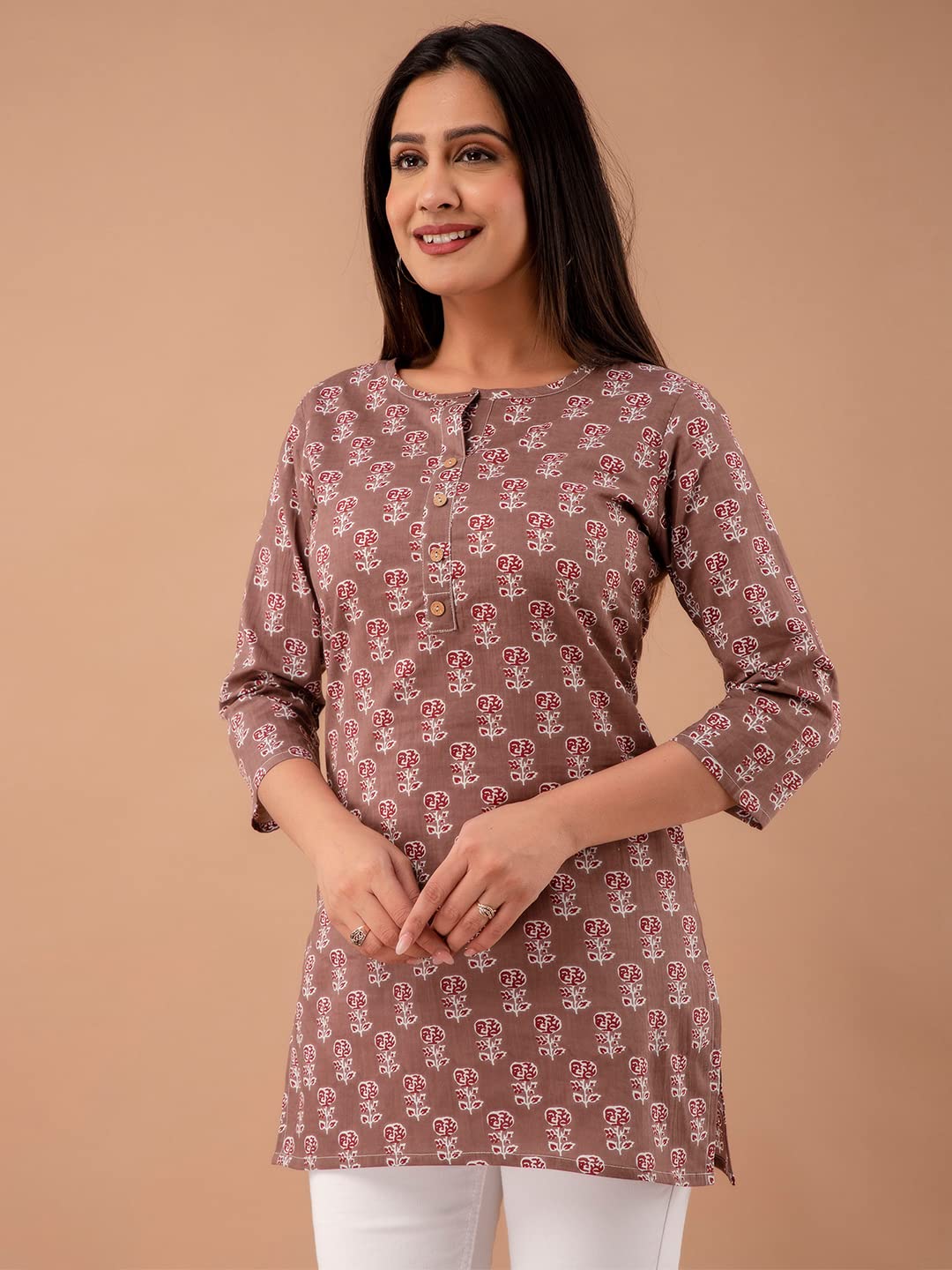 feranoid Women Cotton Printed Straight Short Kurti