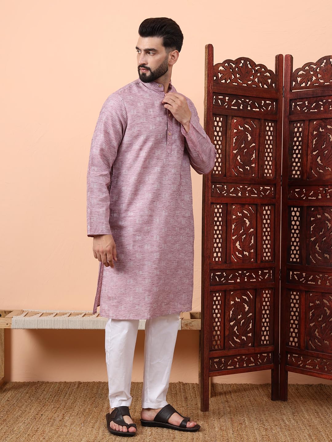 CHIKAN Men's Cotton Regular Textured Long Kurta