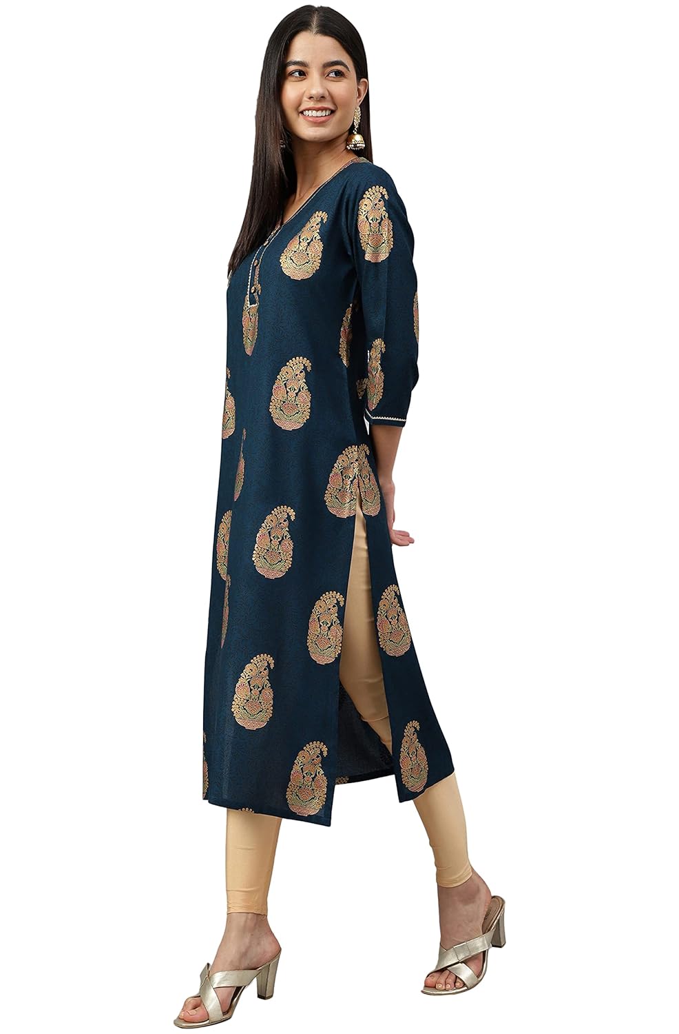 Women's Orange Rayon Gold Floral Print Straight Kurta