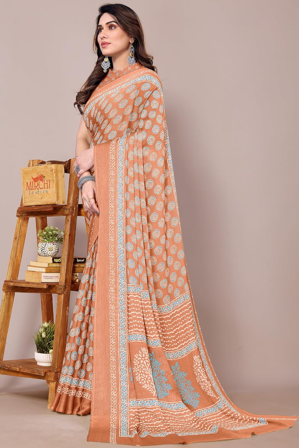 Women's Chiffon Block Printed Saree with Blouse Piece