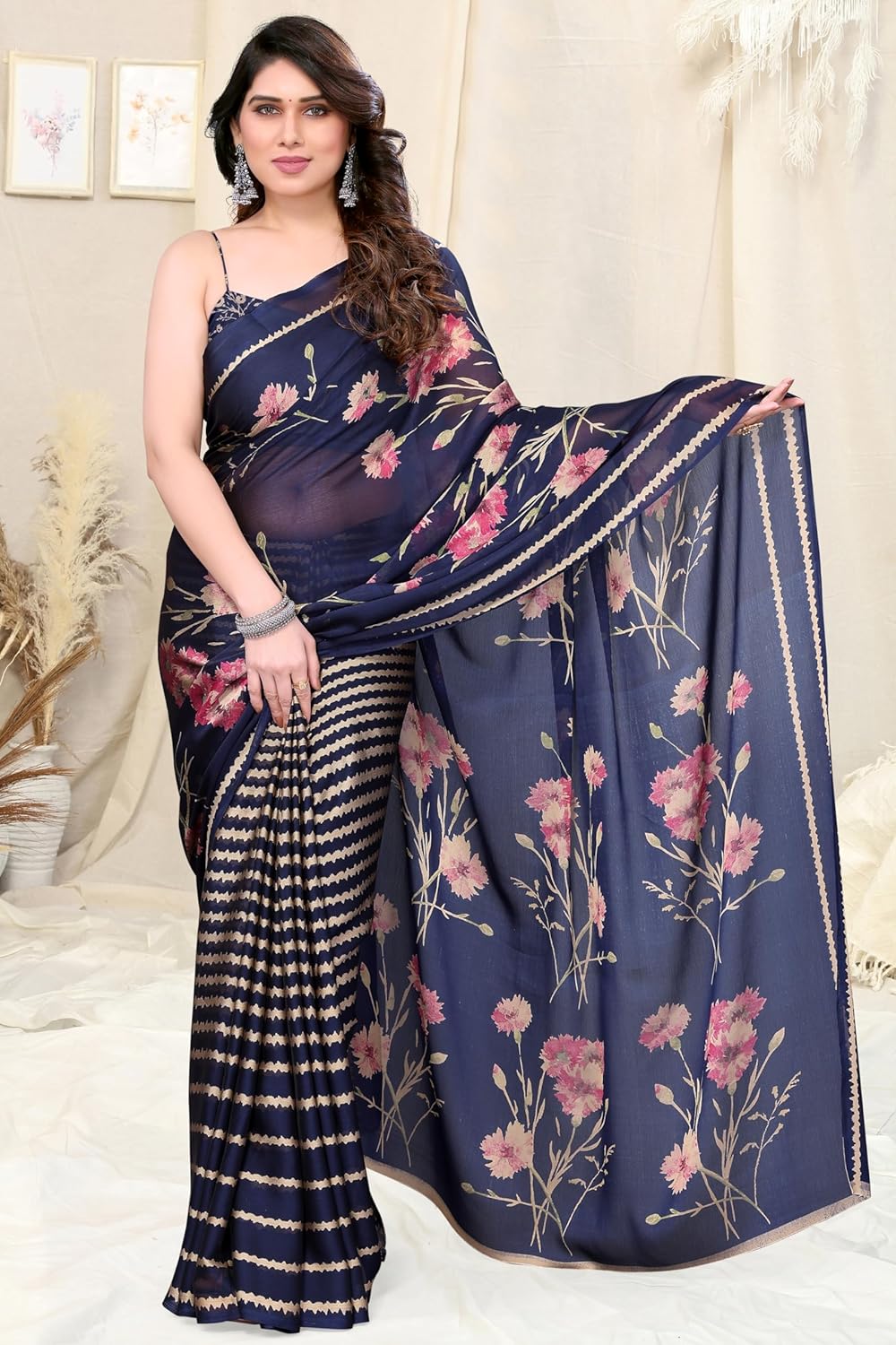 FASHION Women's Floral Printed Saree with Blouse Piece