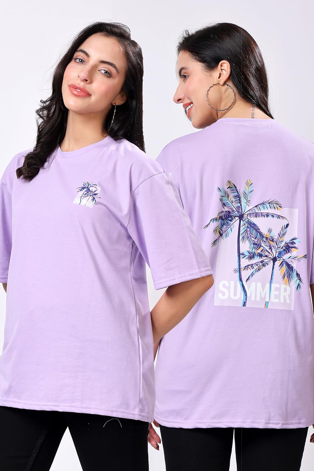 TQH Women's Casual Printed Round Neck, Oversized Longline Drop Shoulder Boho Style T-Shirt