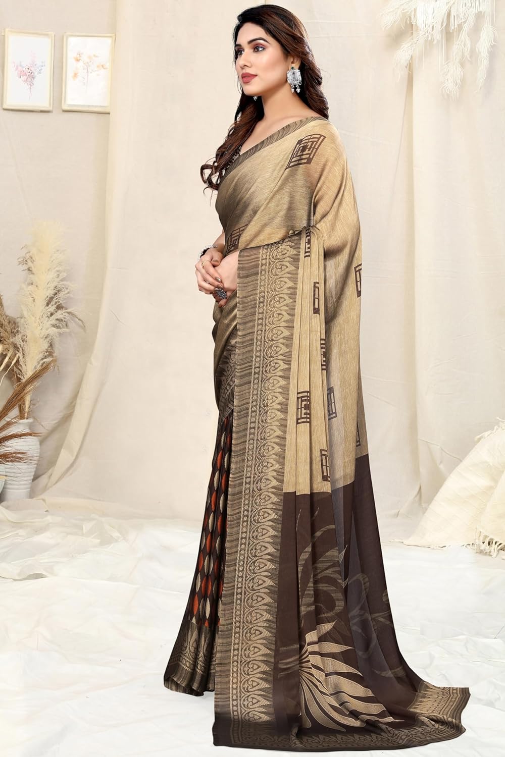 FASHION Women's Floral Printed Saree with Blouse Piece
