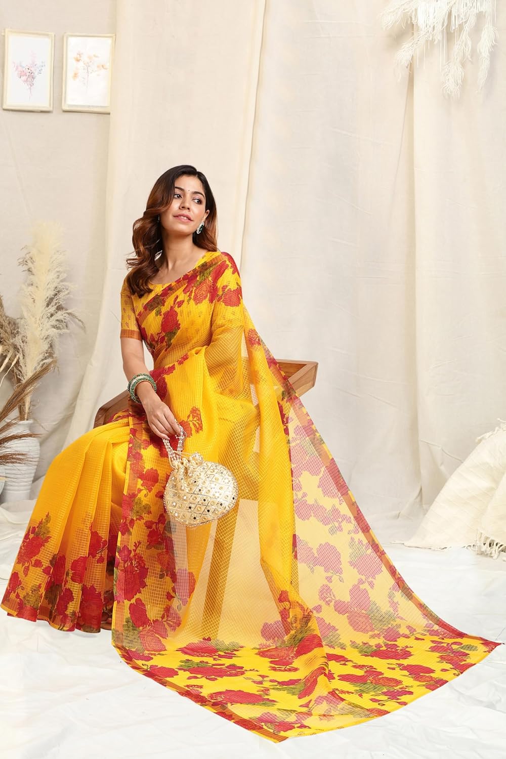 Women's Kota Floral Printed Saree with Blouse Piece