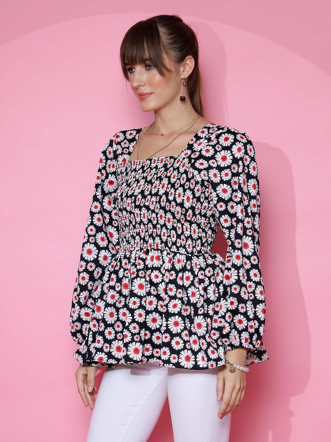 Sheetal Associates Women's Casual Bishop Sleeves Polka Print Peplum Top