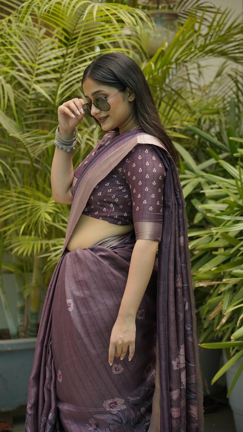 Women's Silk Blend Floral Printed Saree with Blouse Piece
