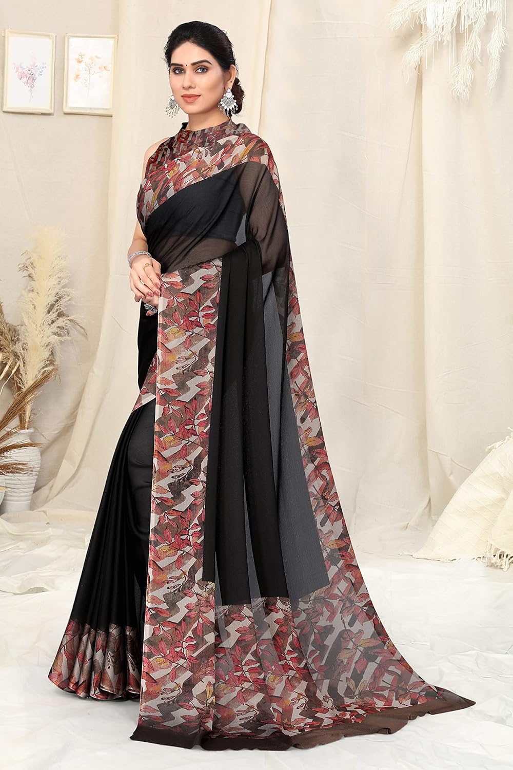 Beautiful Contrast Leaf Border Printed Design Solid Saree