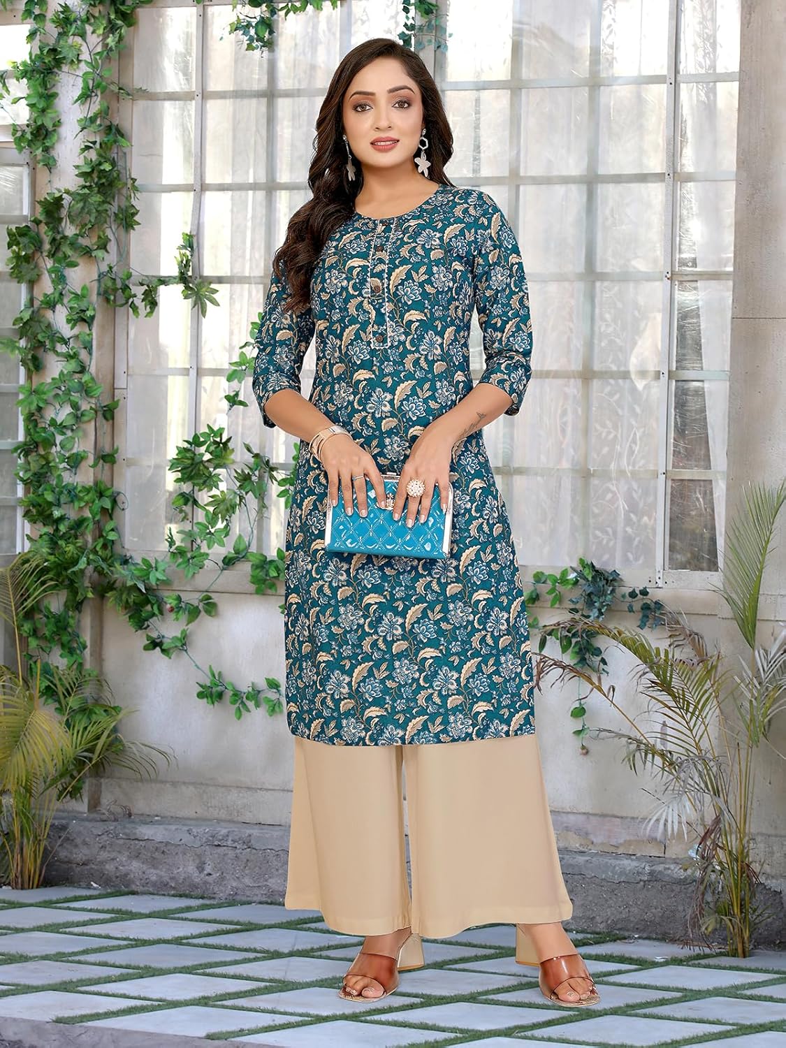 rangita Teal Cotton Straight Printed Knee Length Kurti