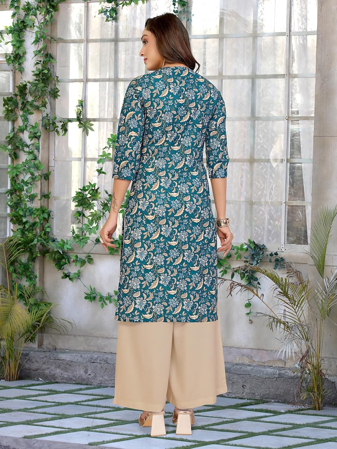 rangita Teal Cotton Straight Printed Knee Length Kurti