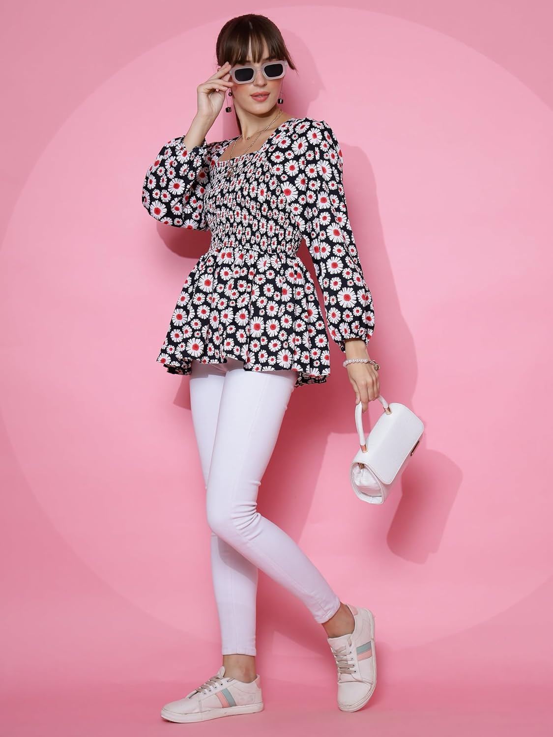 Sheetal Associates Women's Casual Bishop Sleeves Polka Print Peplum Top