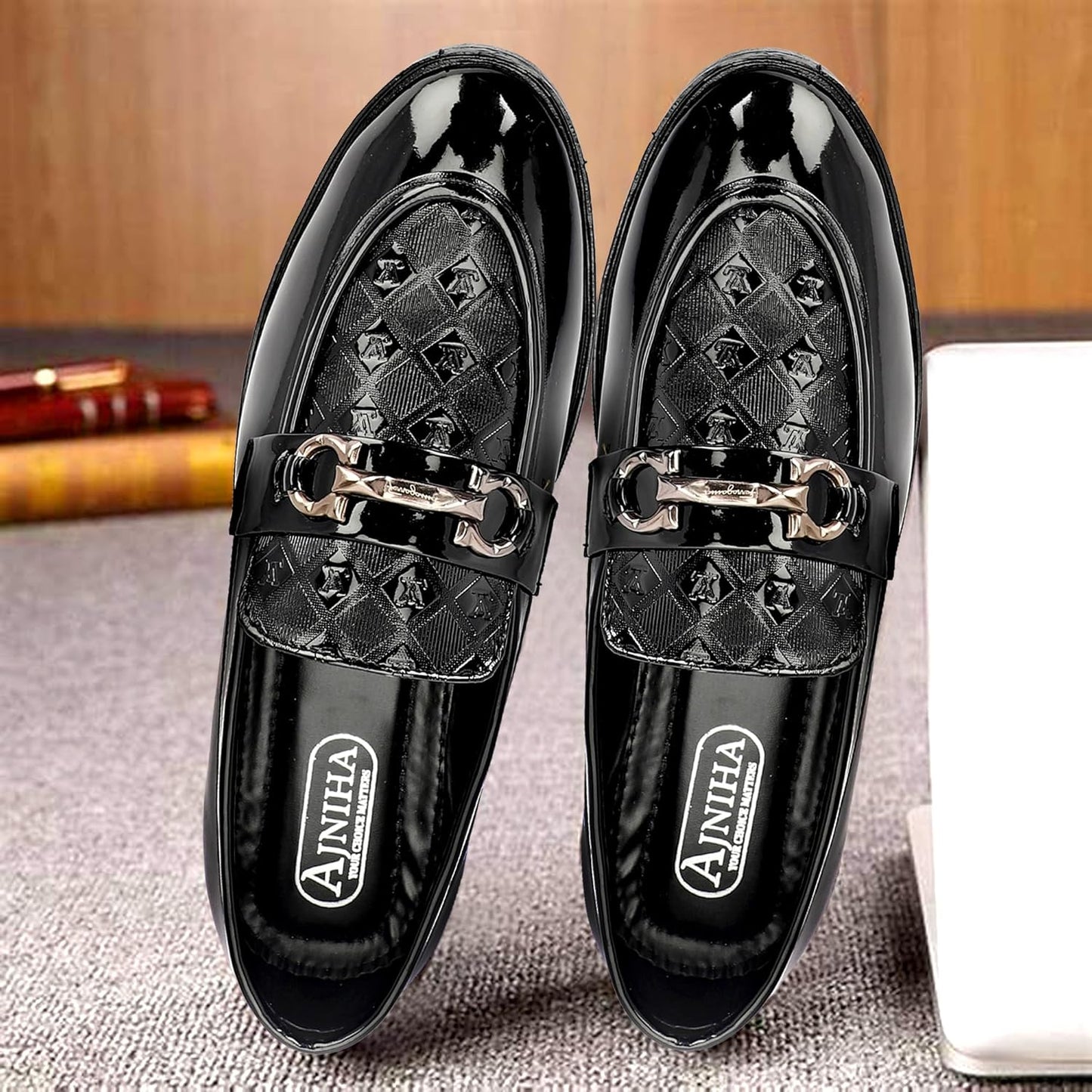 AJINHA Men's Patent Leather Loafers, Brown Quilted - alphahostel.in